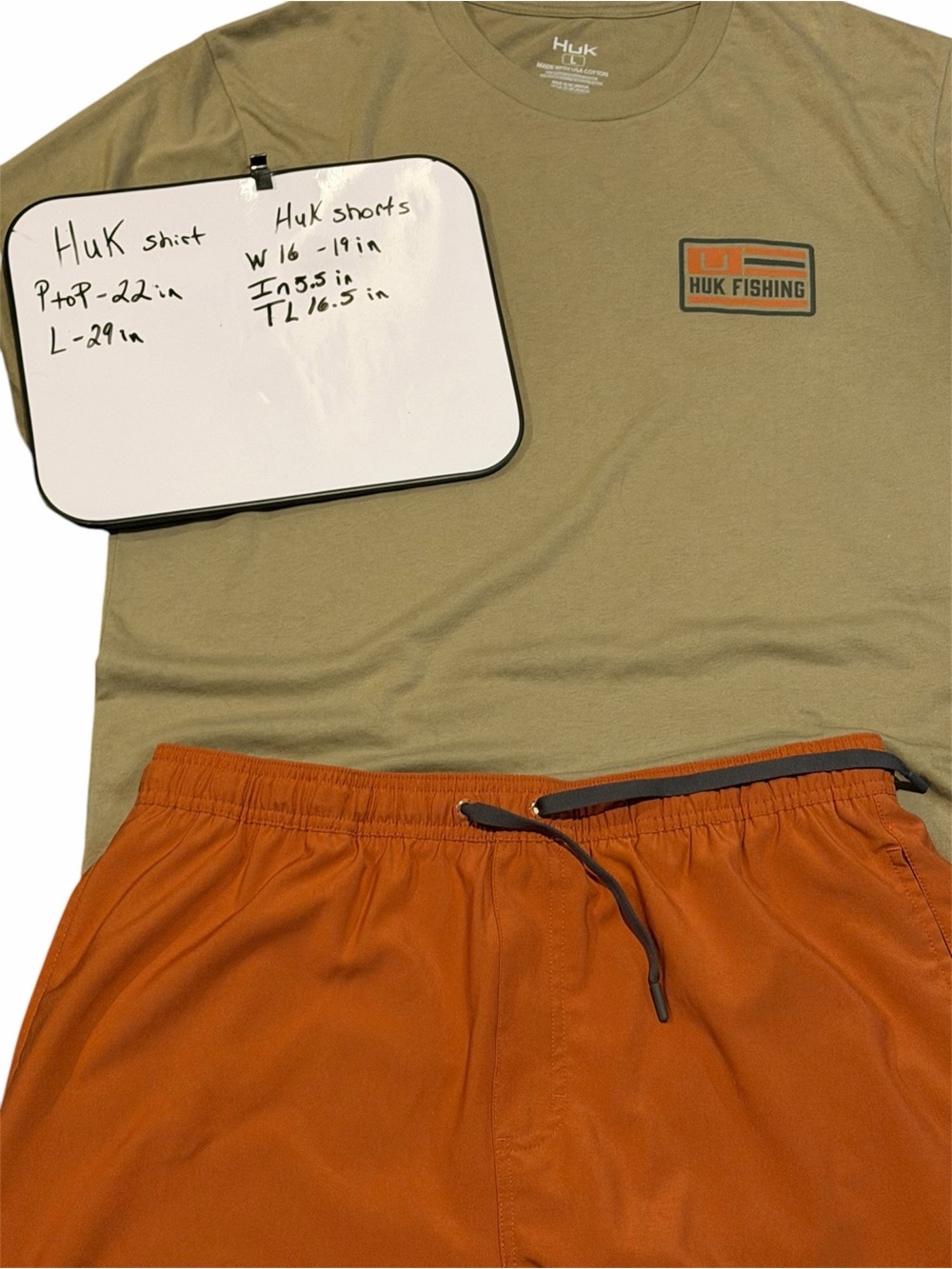 HUK Fishing Men’s Large Shirt & Shorts Set Tan Orange Outdoor Performance Outfit - Picture 14 of 15